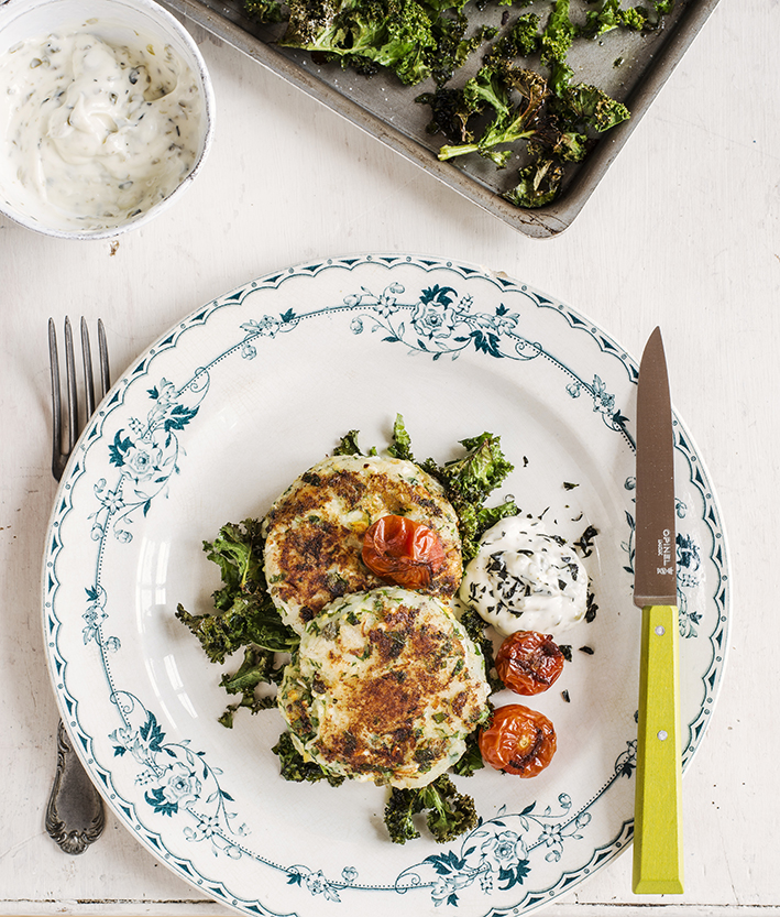 Smoked cheese potato cakes with crispy kale